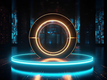 Fantastic Circle holograms magic portals. Futuristic round stage with neon lights. Glowing round stage on a dark background. Created with Generative AI technology.の素材