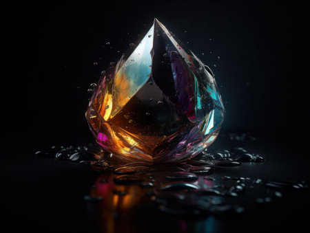Natural gemstone on black background with reflections. Created with Generative AI technology.の素材