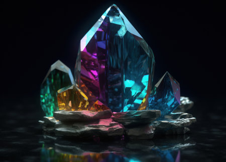 Natural gemstone on black background with reflections. Created with Generative AI technology.の素材