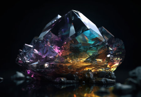 Natural gemstone on black background with reflections. Created with Generative AI technology.の素材
