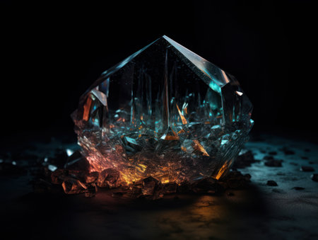 Natural gemstone on black background with reflections. Created with Generative AI technology.の素材