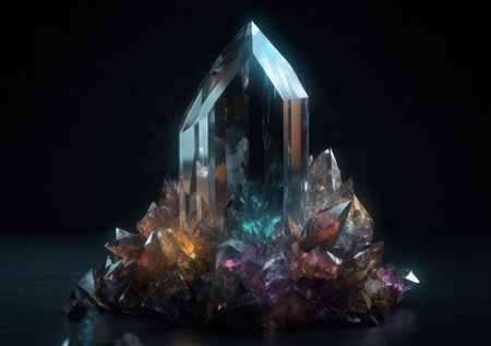 Natural gemstone on black background with reflections. Created with Generative AI technology.の素材
