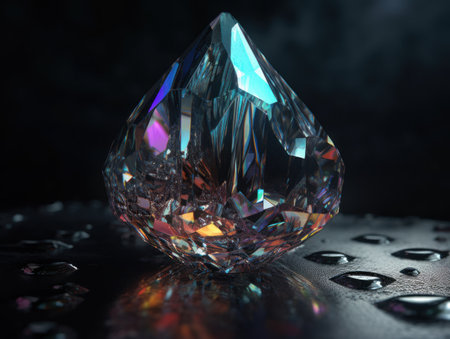 Natural gemstone on black background with reflections. Created with Generative AI technology.の素材