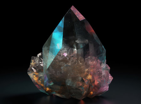 Natural gemstone on black background with reflections. Created with Generative AI technology.の素材