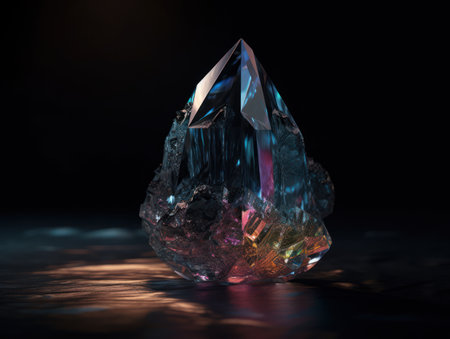 Natural gemstone on black background with reflections. Created with Generative AI technology.の素材