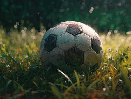 Soccer ball on green grass Created with Generative AI technology.の素材