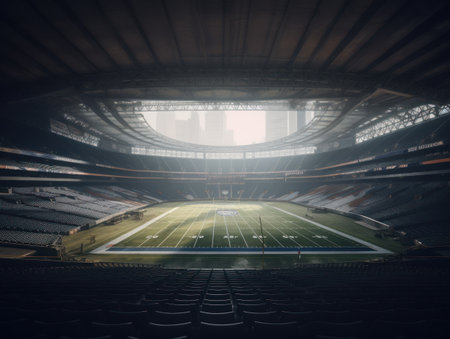 Football stadium with bright lights and seats Created with Generative AI technology.の素材