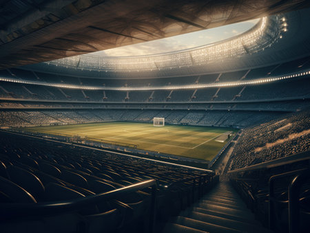 Football stadium with bright lights and seats Created with Generative AI technology.の素材