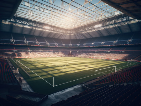 Football stadium with bright lights and seats Created with Generative AI technology.の素材