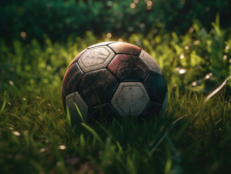 Soccer ball on green grass Created with Generative AI technology.の素材