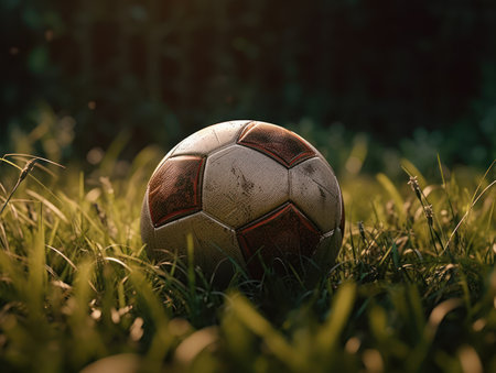 Soccer ball on green grass Created with Generative AI technology.の素材