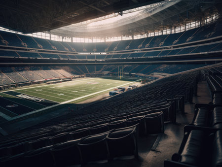 Football stadium with bright lights and seats Created with Generative AI technology.の素材