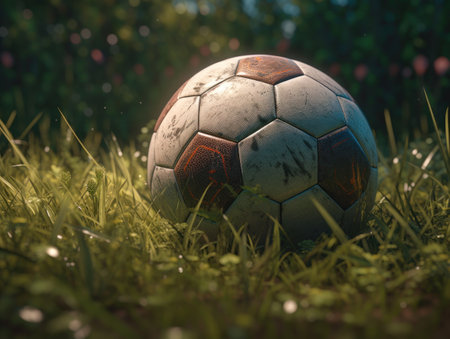 Soccer ball on green grass Created with Generative AI technology.の素材