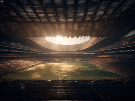 Football stadium with bright lights and seats Created with Generative AI technology.の素材