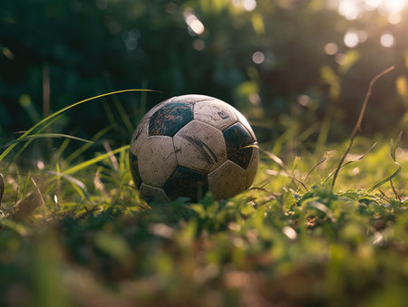 Soccer ball on green grass Created with Generative AI technology.の素材