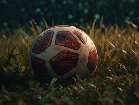 Soccer ball on green grass Created with Generative AI technology.の素材