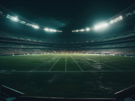 Football stadium with bright lights and seats Created with Generative AI technology.の素材