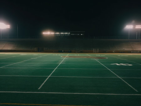 Football stadium with bright lights and seats Created with Generative AI technology.の素材