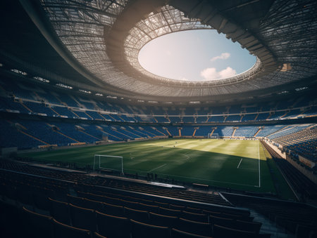 Football stadium with bright lights and seats Created with Generative AI technology.の素材
