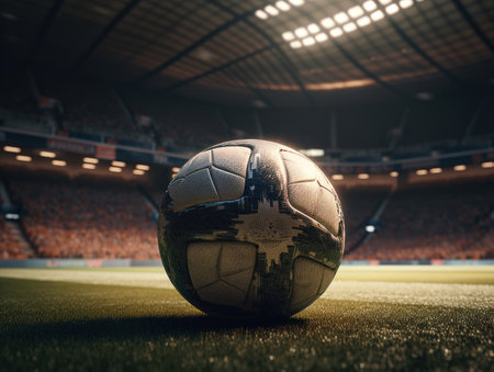Soccer ball on green grass Created with Generative AI technology.の素材