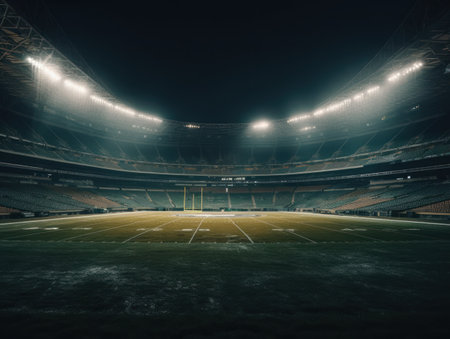 Football stadium with bright lights and seats Created with Generative AI technology.の素材