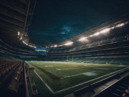 Football stadium with bright lights and seats Created with Generative AI technology.の素材