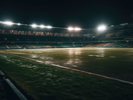 Football stadium with bright lights and seats Created with Generative AI technology.の素材