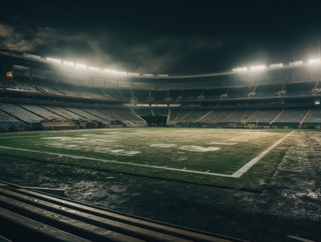 Football stadium with bright lights and seats Created with Generative AI technology.の素材