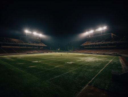 Football stadium with bright lights and seats Created with Generative AI technology.の素材