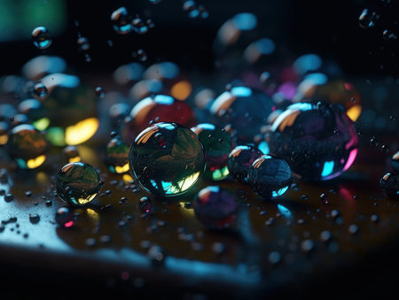 Colorful glass balls with water drops on dark background. selective focus.の素材