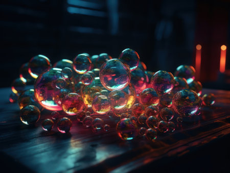 colorful glass balls on a wooden table in a dark room.の素材