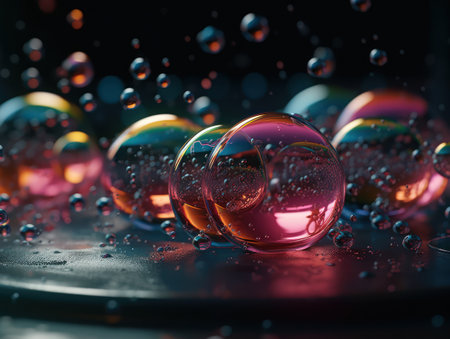 Colorful water drops on a black background. 3d rendering.の素材
