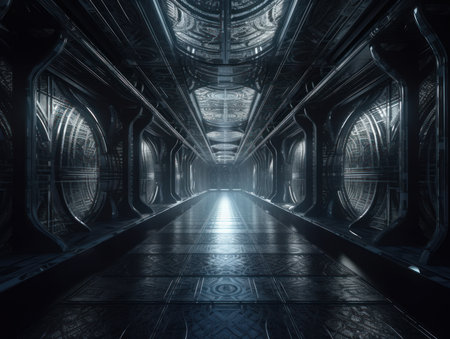 Abstract futuristic tunnel corridor with glowing lights and reflections Science fiction style Created with Generative AI technology.の素材