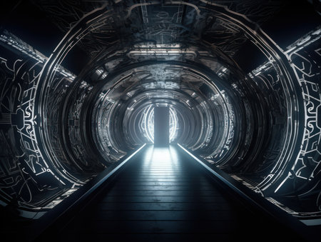 Abstract futuristic tunnel corridor with glowing lights and reflections Science fiction style Created with Generative AI technology.の素材