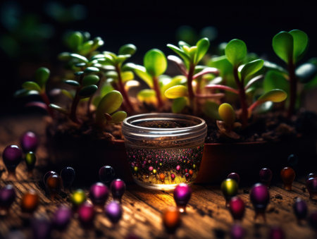 Small seedlings in a glass jar on a wooden background. Seedlings for the new year. Created with Generative AI technologyの素材