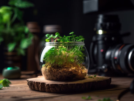 Microgreens in a glass jar on a wooden table with a camera Created with Generative AI technologyの素材