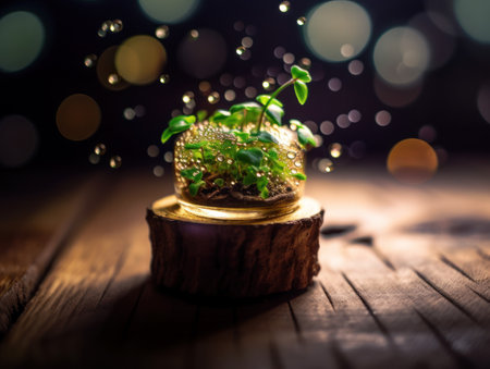 Sprouts on a wooden background with bokeh lights and rain drops Created with Generative AI technologyの素材
