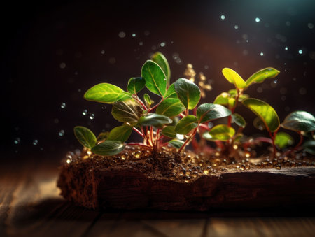 Young green sprouts on a wooden background. Seedling concept. Created with Generative AI technologyの素材