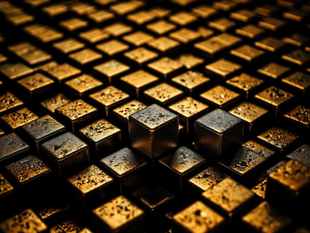 Futuristic gold cubes background Abstract geometric mosaic grid Square tiles pattern Generative AI technologyの素材