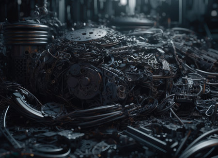 Industrial background with lots of gears and chains. 3d rendering Created with Generative AI technologyの素材