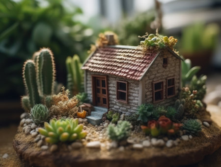 Fantasy Miniature home flowers succulents and cactus in the garden Created with Generative AI technology.の素材