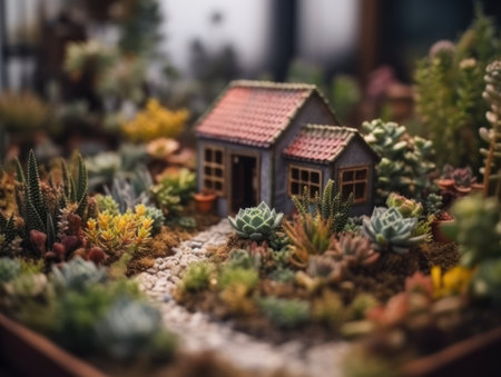 Fantasy Miniature home flowers succulents and cactus in the garden Created with Generative AI technology.の素材