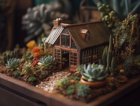 Fantasy Miniature home flowers succulents and cactus in the garden Created with Generative AI technology.の素材