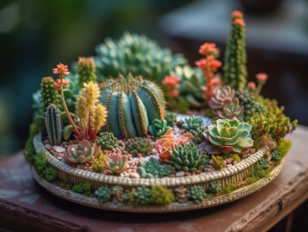 Fantasy Miniature home flowers succulents and cactus in the garden Created with Generative AI technology.の素材