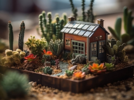 Fantasy Miniature home flowers succulents and cactus in the garden Created with Generative AI technology.の素材