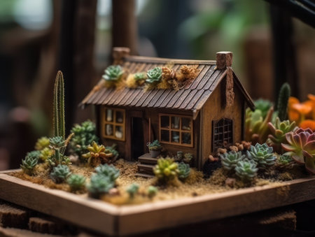 Fantasy Miniature home flowers succulents and cactus in the garden Created with Generative AI technology.の素材