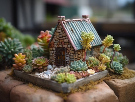 Fantasy Miniature home flowers succulents and cactus in the garden Created with Generative AI technology.の素材