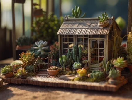 Fantasy Miniature home flowers succulents and cactus in the garden Created with Generative AI technology.の素材