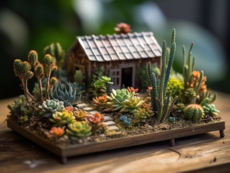 Fantasy Miniature home flowers succulents and cactus in the garden Created with Generative AI technology.の素材