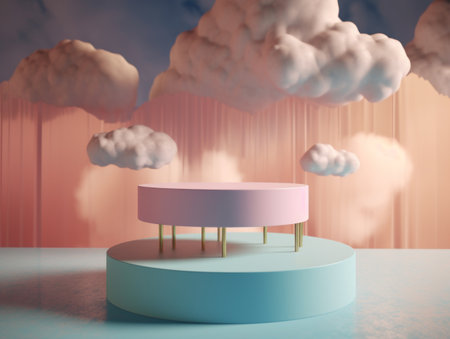 Round podium with clouds and circles created with Generative AI technologyの素材